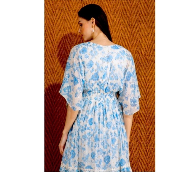 Hemant & Nandita Caleb Maxi Dress Blue White Dolman Sleeves Tiered Small S - Picture 4 of 16